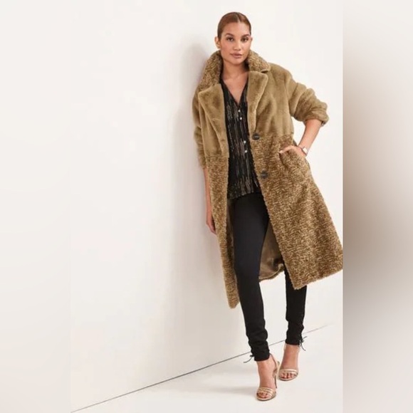 NEXT Direct Olive Green Longline Faux Fur Teddy Borg Mix Coat Size US 10 - Picture 2 of 16